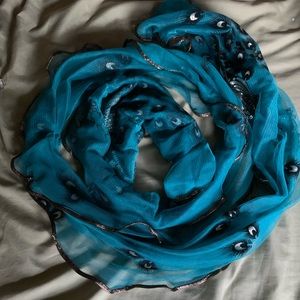 Turquoise Peacock Print Mesh Scarf